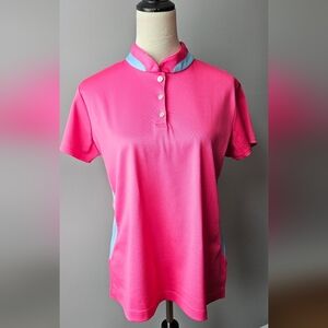 Sport Haley Polo Shirt, 3 button, short sleeve, mock collar, color fushia, (L)